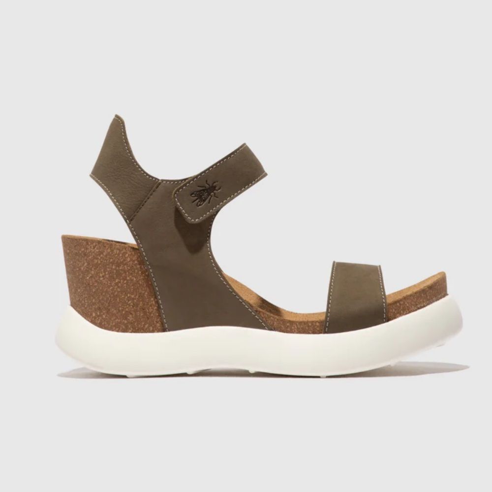 Fly London Women's Beige and White Velcro Sandals with cork heel made in Portuga